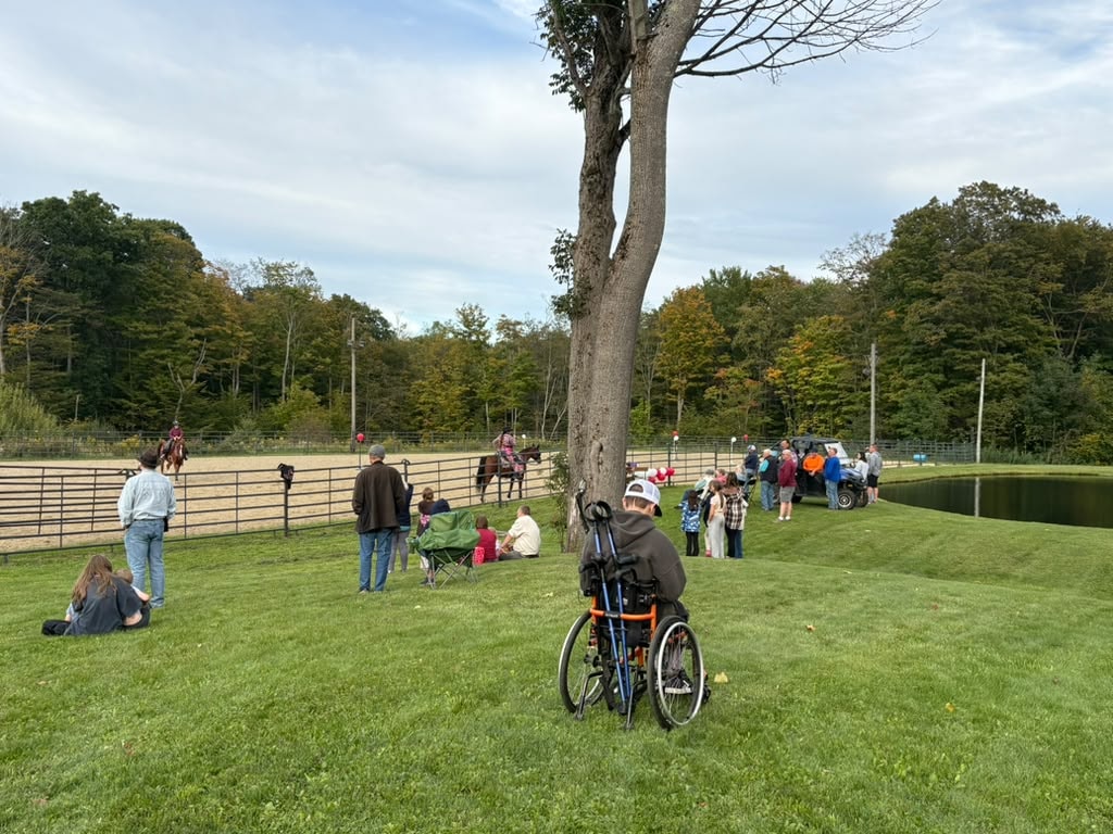 Families gathered on the lawn watching the arena